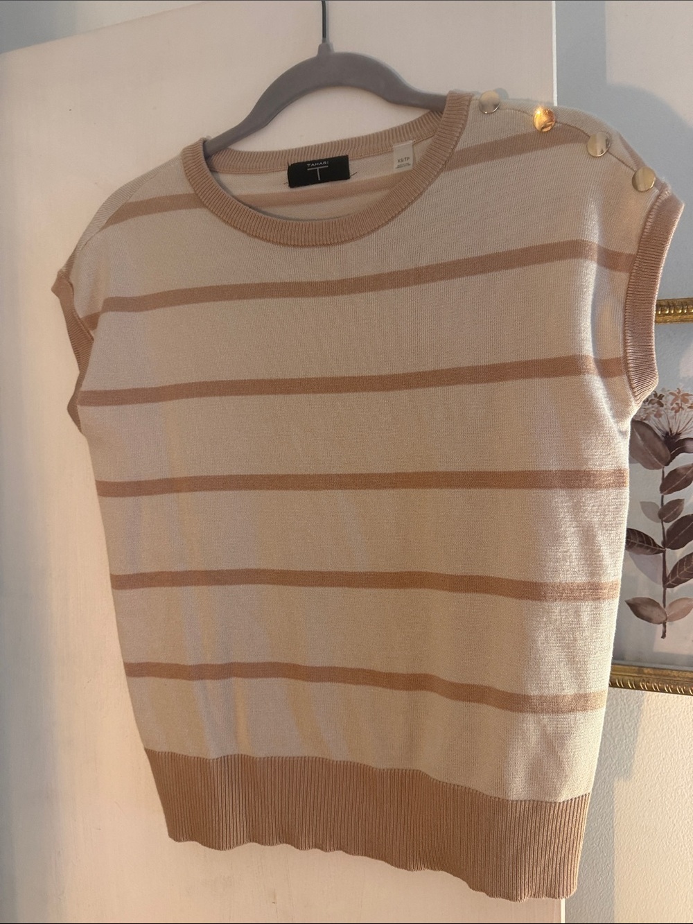Tahari Cream and Tan Striped Short Sleeve Sweater with Shoulder Buttons